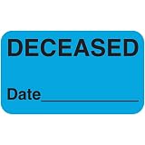 Deceased Chart Label with Date Field for Medical Record Updates, 1-1/2' x 7/8' Blue/Black, Permanent Adhesive...