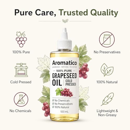 Image of AROMATICO Cold Pressed Grapeseed Oil for Skin & Hair - Lightweight Grape Seed Oil for Oily Scalp, Glowing Skin & Body Massage | 100ml