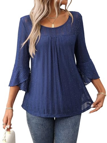 LEKOPUR Bluse Damen Sommer 3/4 Arm Elegant Glitzer Oberteile Festliche Oberteil für Party Outfit Tunika Damenblusen Dunkelblau