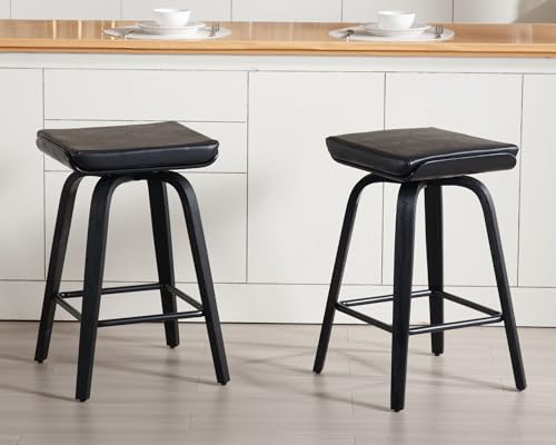 Image of 26 inch Swivel Bar Stools Set of 2, Backless Counter Height Bar Stools with Removable Faux Leather Cushion, 360 Swivel Wooden Saddle Stools with Footrest for Kitchen Island, Home Bar, Small Spaces, Black