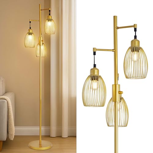 ZSMINGHUI Industrial Floor Lamp 68'' - 3-Light Gold Dimmable Rustic Floor Lamp with Sturdy Pole & Heavy Base, 800 Lumens LED Bulbs Lamp for Living Room, Bedroom, Office Decor
