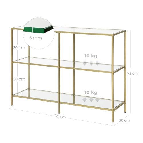 VASAGLE Konsolentisch, Regal, 3 Ablagen aus Hartglas, Flurtisch, 30 x 100 x 73 cm, Metallrahmen, modern, für Flur, Wohnzimmer, Schlafzimmer, goldfarben-transparent LGT27G