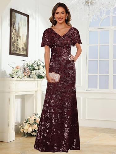 V Neck Sequin Mother of The Bride Dresses with Sleeves 2025 Mermaid Formal Evening Gowns YMS4563