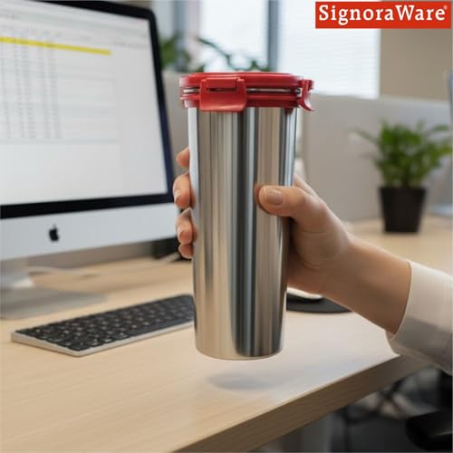 Image of Signoraware Lock N Store Stainless Steel Round Tumbler | Airtight & Leakproof | Compact Design | Easy to Clean | Ideal for Office, School, Travel, and Home Use (500ml | Red)