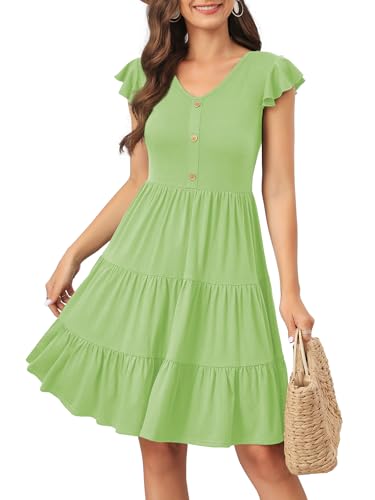 Image of Lamilus Summer Dresses for Women 2026 Ruffle Sleeve V Neck Non-See Through Tiered Babydoll Mini Dress Graduation Beach