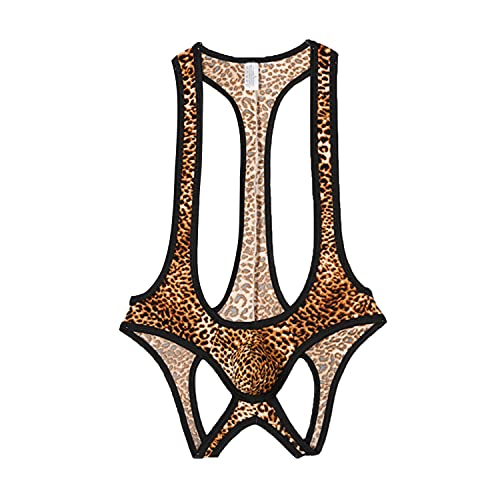 Men's Leotard Leopard Jumpsuit Print Wrestling Singlet Briefs Bodysuit Sleeveless One-Piece Mankini Bodysuits (Yellow,XX-Large)