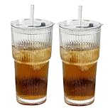 Zykphao 600ml Glass Tumbler with Lid & Straw – 2 Pack, Ribbed Design for Iced Coffee, Matcha, Smoothies & More | Leakproof, Durable Drinking Glasses for Hot & Cold Beverages
