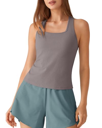 Image of G4Free Ribbed Removable Built in Bra Workout Tank Tops Woman Racerback Square Neck Yoga Top Lightweight Athletic Tanks