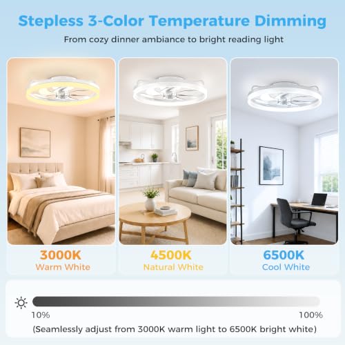 Image of Ceiling Fans with Lights and Remote - 20'' Low Profile Ceiling Fan | 1-6 Wind Speeds, Reversible, Timer, 3000-6500K Dimmable LED Fan Light, Modern Flush Mount Ceiling Fans for Bedroom, Kitchen