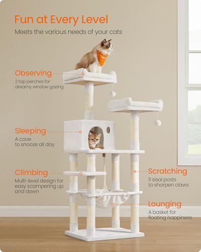 Image of Feandrea Cat Tree, 56.3-Inch Cat Tower for Indoor Cats, Multi-Level Cat Condo with 11 Scratching Posts, 2 Perches, Cave, Hammock, Cream White UPCT015W02