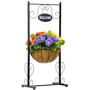 Sorbus Welcome Planter Basket Stand with Coco Liner Stylish Flower Plant and Outdoor Decor for Home Garden Patio Deck Black Metal