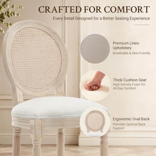 Butacos de Bar French Country, Altura de Encimera 26", Asiento Tapizado en Lino y Espalda de Ratán, Sillas de Madera para Cocina, Bar, Comedor y Café, Color Beige miniatura 4