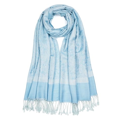 QIUTIMIY Paisley Pashmina Shawl Wrap Women Reversible Vintage Jacquard Pashmina Rave Scarf with Fringe for Evening Wedding(Flower3-Light Blue)