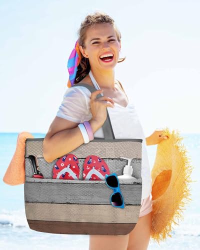 Mesh Beach Bag Oversized Tote Bags for Women Vintage Brown Wood Grain Large Bags for Travel Pool Grocery2