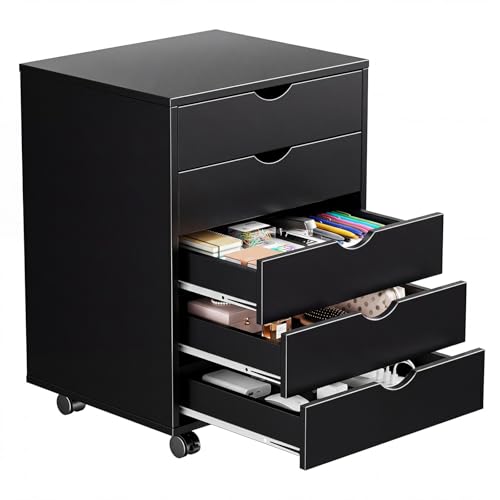 HAPPYMONT Mobile File Cabinet Under Desk, 5 Drawer Storage Organization with Wheels, Vertical Filing Chest Rolling Wood Small Desk Printer Stand for Home Office, 15.75