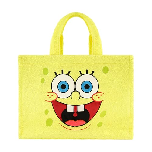 Concept One SpongeBob Squarepants Tote Bag, Faux Fur Travel Handbag with Adjustable Shoulder Strap and Trolley Sleeve, Yellow