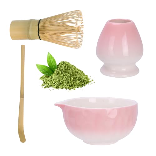 Matcha Set Rosa, Matcha Tee Set, 4-teiliges Matcha Besen Set - Matcha Schale, Besenhalter aus Keramik, Matcha Besen und ...