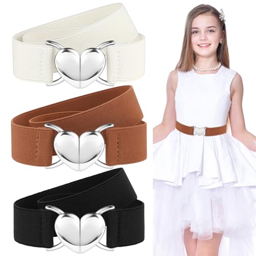 3Pcs Elastic Belts with Heart Buckle for Girls, Cute Stretch Kids Waist Belt Adjustable Toddler Belts for Pants Dress Jeans
