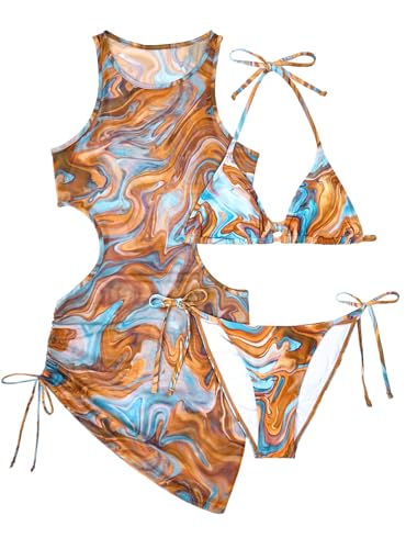 3 Piece Swimsuits Women Bikini Sets with Cover Up Halter Bathing Suit Set Sexy Cutout Coverup