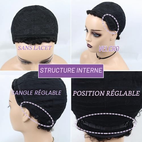 Perruque cheveux humains afro crépus bouclés coupe Pixie noire courte sans colle faite machine