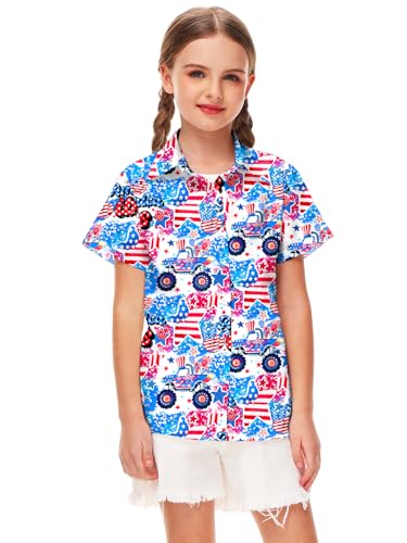 Image of Remimi Unisex Kids 4th of July Button Up Shirt Boys American Flag Print Hawaiian Beach Short Sleeve Tops 5-14 Years