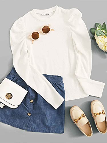 Floerns Girls Solid Puff Long Sleeve Round Neck Rib Knit Shirt Tee Top White 9Y #TOP4