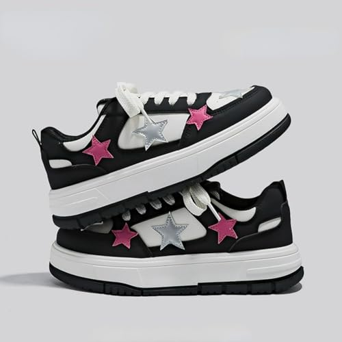 Cute Star Sneakers for Women Star Decor Lace-Up Thick Sole Shoes Height Increase PU Upper EVA Insole Rubber Sole Walking Shoes2