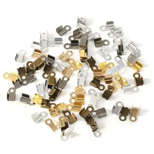 200 Pieces Fold Over Cord Ends Cord Crimp End Tips Fold-Over End Caps Leather Ribbon Ending Clasp Tips Jewelry Connector for Jewelry Making, 3.5 x 9 mm/ 0.14 x 0.35 Inch, 6 Colors