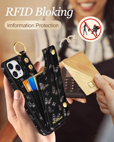 Petitian for iPhone 11 Pro Wallet Case for Women, Black Butterfly - image 4