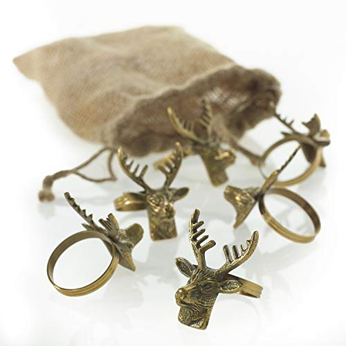 Accent Decor Deer Head Brass Napkin Rings In Jute Bag, Set Of 6 #TOP1