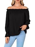 LYANER Women's Off Shoulder Ruffle Long Lantern Sleeve Ruched Casual Loose Tops Blouse Shirt Black Small