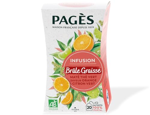 Pagès - Infusion BIO Brûle-Graisse - Maté, Thé Vert, Guarana, Saveur Citron Vert et Orange - Contrôle du Poids - Boîte de 20 Sachets, 100% Végétal