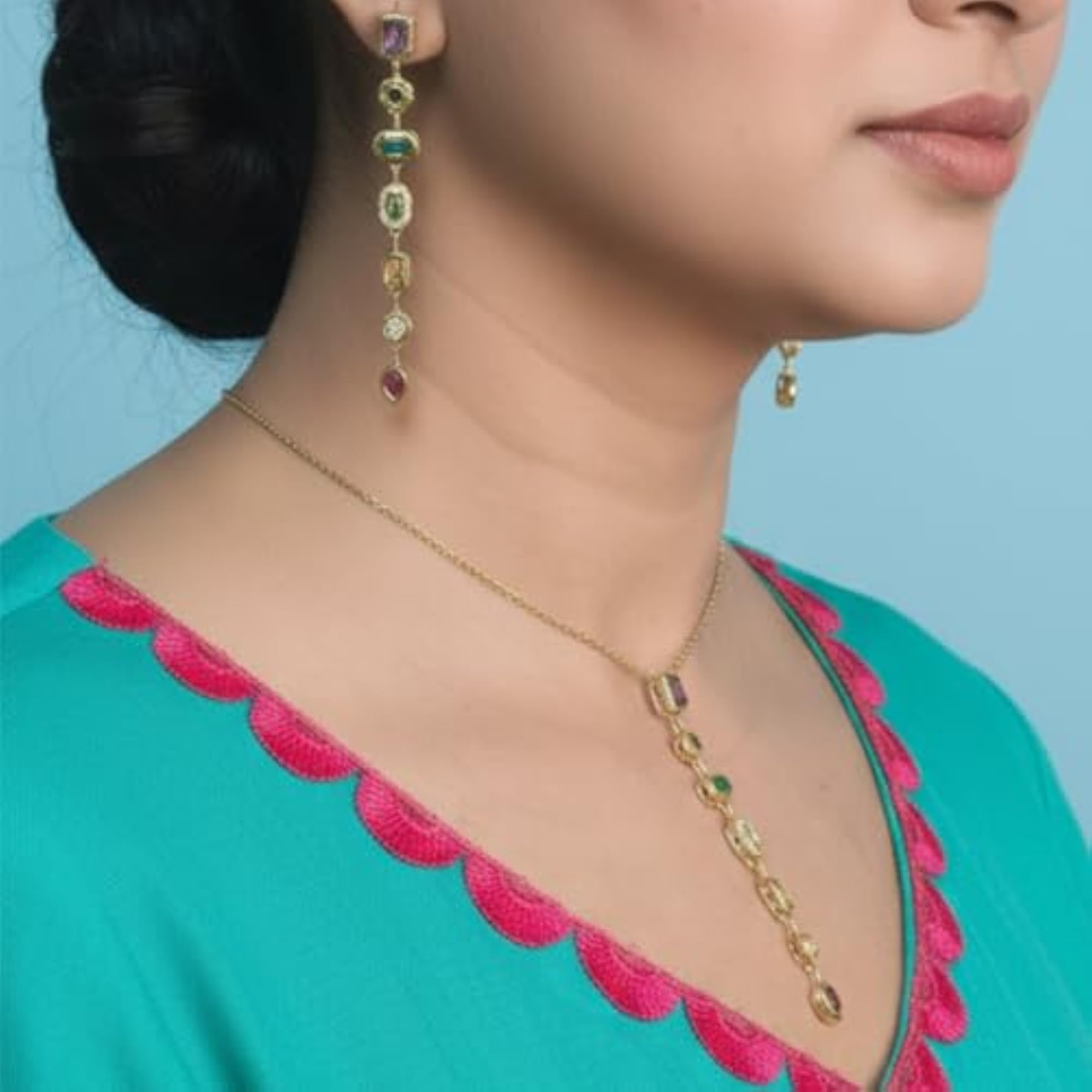 Women's Gold-Plated Multi Colour American Diamond Earrings and Necklace Set