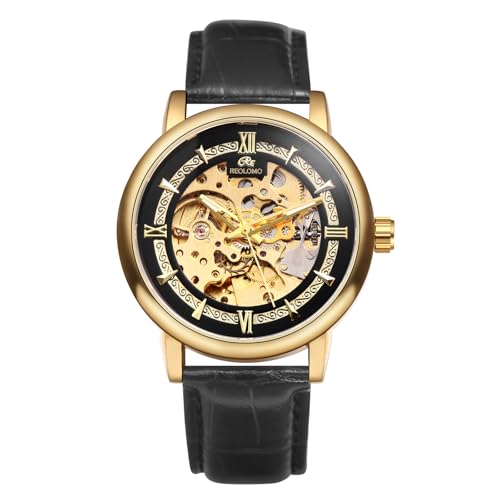 JewelryWe Herrenuhr Automatik Mechanische Uhr: 30m wasserdicht Analog Automatische Armbanduhr Automatikuhr Herren Schwarz Echtes Lederarmband Skelett Uhr mit Gold Rundem Gehäuse