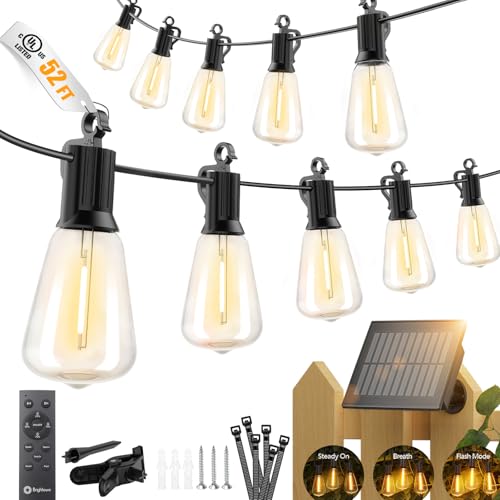 Image of Brightown 52FT Solar String Lights Outdoor Waterproof, Patio Lights with Remote and 15+1 LED Shatterproof Bulbs, Dimmable & Timable, 3 Light Modes, Solar Lights Outdoor for Yard Garden Camping Party