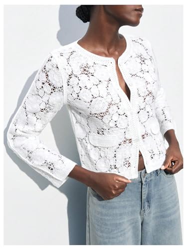 SHENHE Women's Hollow Out Crochet Knit Lace Cardigan Button Down Crewneck Lightweight Sweater4