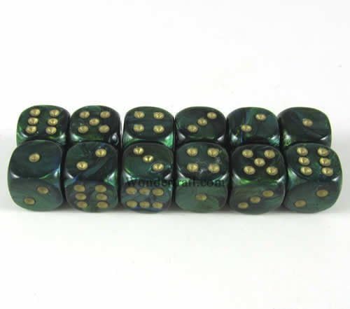 Wondertrail Jade Scarab with Gold Pips 12mm D6 Dice Set of 12 WCX27812E12