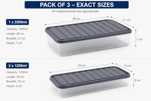 Image of Fridge Storage Containers Set of 3 with Lids | Food Grade Plastic Refrigerator Organizer | 1 x 2500ml & 2 x 1200ml Stackable Kitchen Storage Boxes for Fruits, Vegetables & Meal Prep (2-1200 1-2500)