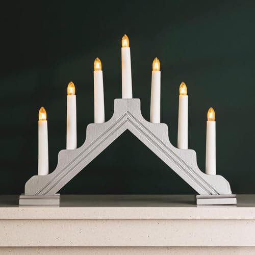 HomeZone Silver Christmas Candle Bridge - USB or Battery Powered Warm White LED 7 Bulb Candle Arch Flickering Wooden Christmas Decorations for Windowsill, Table, Mantle Decor