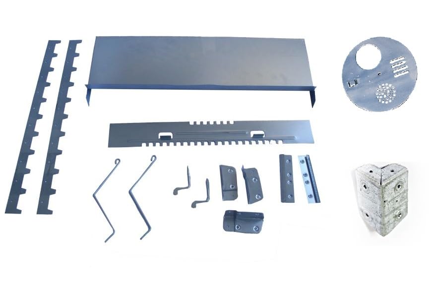 3 angolari, 2 distanziatori da nido 10 tacche, 1 porticina estate-inverno(lunghezza 380 mm) con giude, 2 ganci a molla 2 girandole 1 copri portichetto (L = 435 mm), 1 disco in acciaio inox 4 posizioni per chiusura foro arnie, 1 angolare poggialeva in lamiera zincata per arnie appoggio-leva
