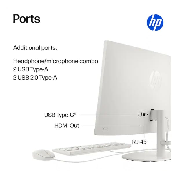 Image of HP 21.5 inch FHD All-in-One Desktop Computer, Intel Quad-Core Processor, 8GB DDR5 RAM 640GB Storage (128GB UFS+512GB Docking Set), Windows 11, Wired Keyboard and Mouse, NLY Earphones, Cashmere White
