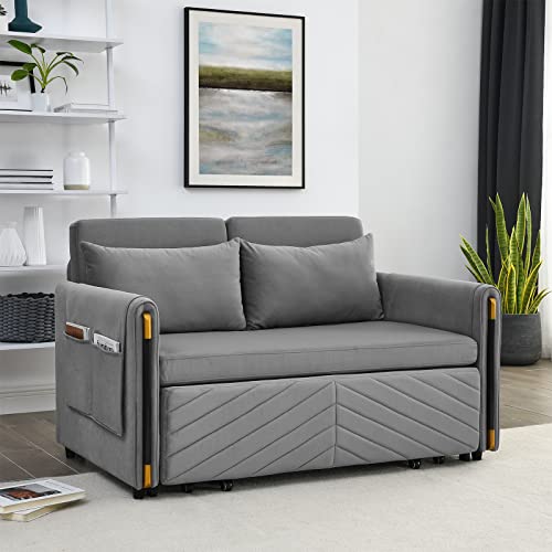 54" Pull Out Couch For Living Room, Convertible Sofa Bed With 2 Detachable Arm Pockets And Velvet Loveseat Multi-Position Adjustable Sofa With Bedhead And 2 Pillows For Bedroom, Movie Room - Grey #TOP1