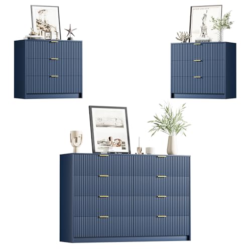 Image of Furniway Navy Blue Dresser Bedroom Set 3 Pieces, Nightstands Sets of 2, 8 Drawer Dresser with Gold Handles for Bedroom