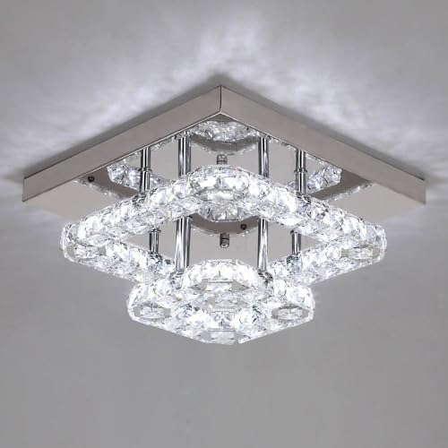Image of Crystal Cube LED Chandelier Ceiling Light | Modern Luxury Crystal Flush Mount LED Lamp for Living Room, Bedroom, Hallway, Dining Room & Home Decor- 27x27 cm