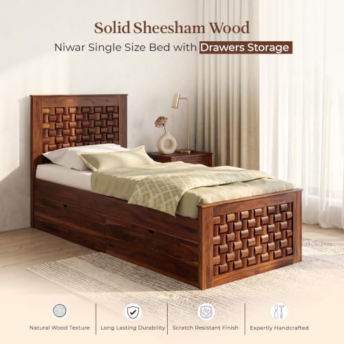 Image of WOODLAB Furniture Niwar Single Size Bed with Drawer Storage Wooden Single Cot Bed Palang for Bedroom Home (Honey Finish)