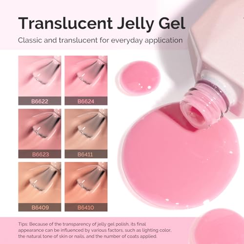 Image of MelodySusie Jelly Gel Nail Polish Set,6 Transparent Colors,Milky or Jelly Texture,Pink and Nude Versatile Colors Soak Off UV LED Light Cure or Salon Manicure and Nail Art DIY at Home