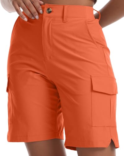 Yoglegins Womens Lightweight Hiking Cargo Shorts for Running Athletic Camping Travel Golf - Water Resistant with 5 Pockets (Orange X-Large)
