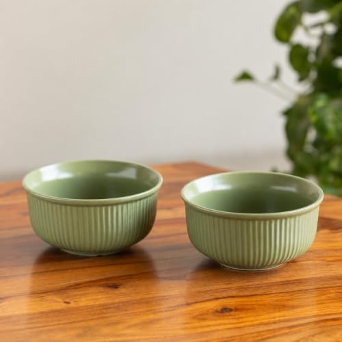 Image of ExclusiveLane 'Sage Ribbed' Hand Glazed Ceramic Bowls for Serving Bowl Set (Set of 2, 480 ml, Microwave Safe, Dishwasher Safe, Green) | Kitchen Bowl Ceramic Serving Bowls for Snacks Serveware