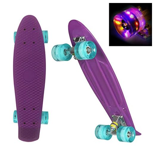 WeSkate Mini Cruiser Skateboard Retro Komplettboard, 22" 55cm Vintage Skate Board mit Kunststoff Deck und blinkenden LED-rollen, Cruiser-Board mit LED Leuchtrollen für Erwachsene Kinder Jungen Mädchen