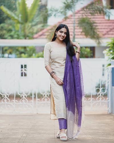 Image of GoSriKi Women's Chanderi Straight Solid Kurta with Pant & Dupatta